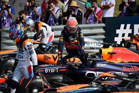 Max Verstappen (right) edges out McLaren duo Lando Norris and Oscar Piastri for pole at Silverstone 