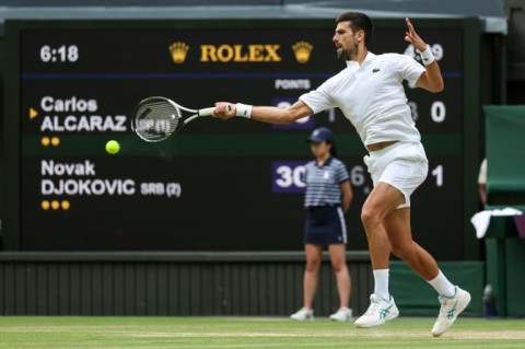 Hitting out: Novak Djokovic returns the ball to Carlos Alcaraz 