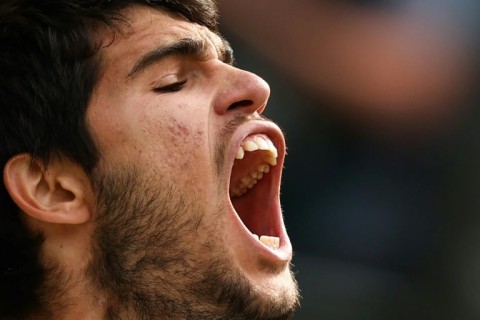 Roar: Carlos Alcaraz reacts to winning a point against Novak Djokovic 