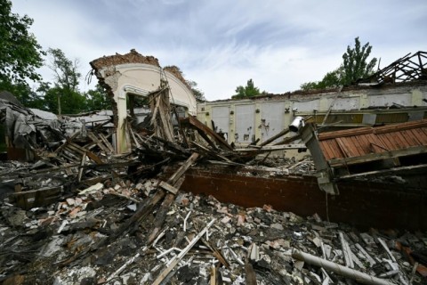 A destroyed cultural centre in the Donetsk region in eastern Ukraine