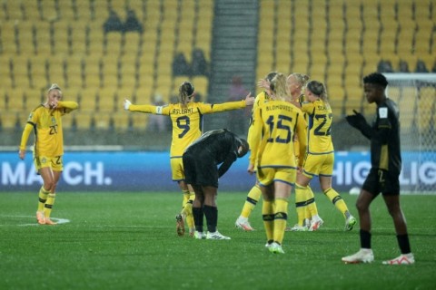 Sweden's players celebrate after winning against South Africa 