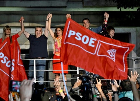 Spanish Prime Minister Pedro Sanchez and members of his Socialist party celebrate their election results