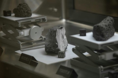 Moon rocks gathered during the Apollo missions are displayed in the Lunar Lab during a media day hosted by NASA 