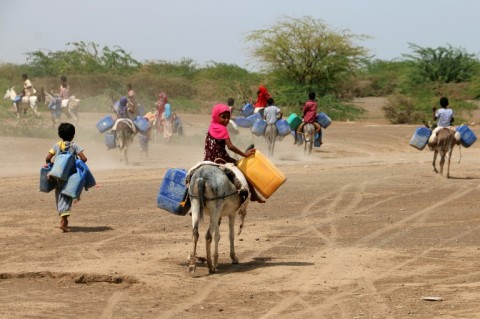 Children ride donkeys to fetch water in jerrycans at a makeshift camp for people who fled fighting between Huthi rebels and the Saudi-backed government forces, in the village of Hays in Yemen's western province of Hodeida, on July 22, 2023