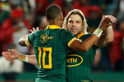 Celebrate: South Africa fly-half Manie Libbok (left) celebrates with scrum-half Faf de Klerk 