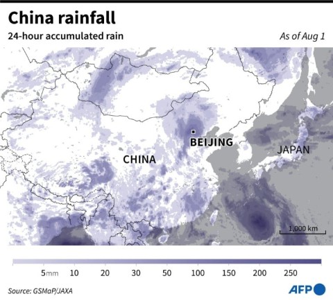 Map of China showing accumulated rainfall for the past 24 hours.