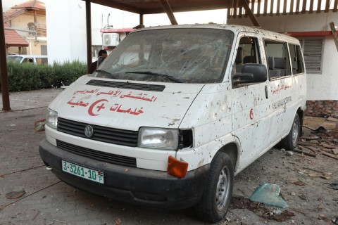 A damaged ambulance is grounded at Ahli Arab hospital in central Gaza following a blast which ripped through it a day earlier killing hundreds. AFP/Dawood Nemer