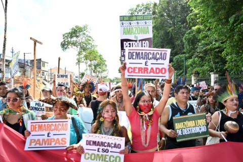 Indigenous groups, such as this one protesting over land rights in Brasilia in June 2023, are seen as vital buffers against Amazon deforestation