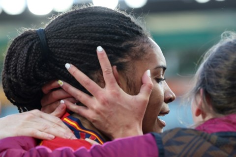 Spain's forward Salma Paralluelo celebrates with teammates 