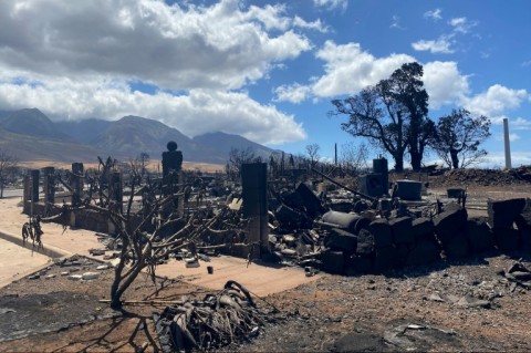 A destroyed house is pictured in the aftermath of a wildfire in Lahaina, western Maui