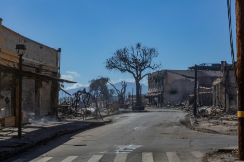 Destroyed buildings along Front Street in the aftermath of a wildfire in Lahaina, western Maui, Hawaii 