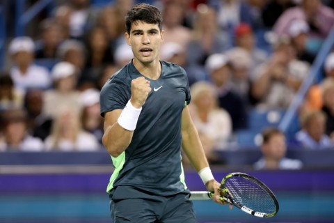 Carlos Alcaraz celebrates during his gruelling Cincinnati Open win over Australia's Jordan Thompson