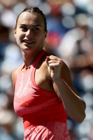 Aryna Sabalenka celebrates sealing victory over France's Clara Burel