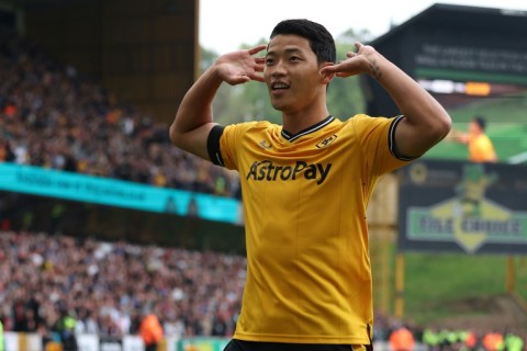 Wolves forward Hwang Hee-chan celebrates his goal against Liverpool