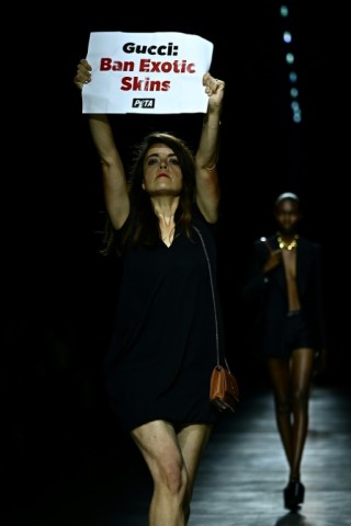 An activist of the People for the Ethical Treatment of Animals (PETA) walks the runway with a poster reading "Gucci : Ban exotic fur" at the Gucci fashion show during the Milan Fashion Week Womenswear Spring/Summer 2024 on September 22, 2023 in Milan.