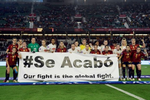 Spain and Switzerland players held up a banner in support of the positive changes La Roja's squad has been fighting for