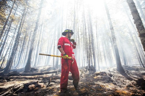 This photo provided by the province of Nova Scotia shows a firefighter battling a forest blaze near Tantallon on May 30, 2023 