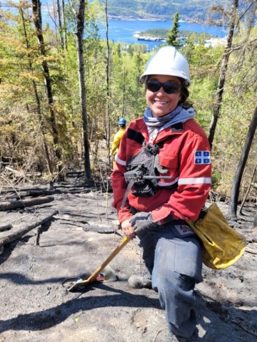 This handout image shows firefighter Isabelle Boucher, an employee of the Societe de protection des forets contre le feu (SOPFEU), when she was deployed to fight a forest fire in the Tadoussac region, Quebec, Canada, on May 18, 2023