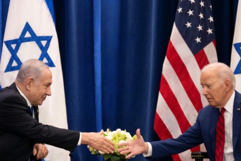 US President Joe Biden shakes hands with Israeli Prime Minister Benjamin Netanyahu in New York City in September 2023
