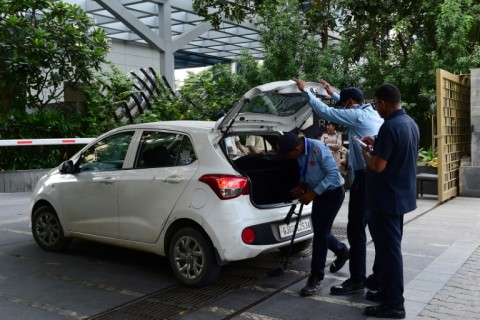 Search party: Police check vehicles outside the Pakistan team hotel in Ahmedabad 