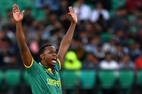 Key breakthrough: South Africa's Kagiso Rabada celebrates after taking the wicket of Bas de Leede 