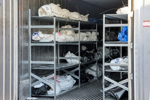 Bodies of victims of the Hamas October 7 attack in a refrigerated container at the Shura army base in central Israel