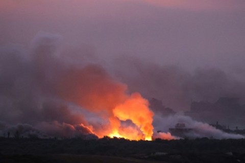 A picture taken from Israel's southern city of Sderot shows a fire following Israeli shelling of the northern Gaza Strip, on October 29, 2023