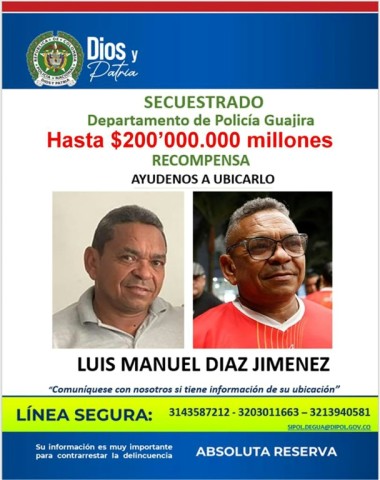 Police have offered a reward of up to  about $48,000 for information on the whereabouts of Luis Manuel Diaz 