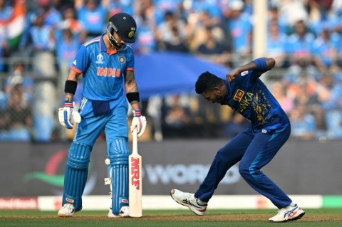 Big wicket: Sri Lanka's Dilshan Madushanka celebrates after taking the wicket of India's Virat Kohli