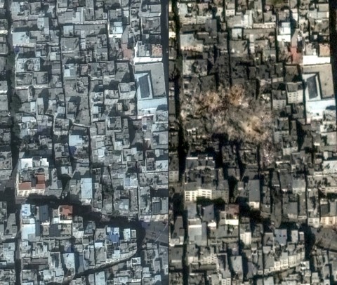 Jabalia refugee camp seen before and after the strikes in satellite images released by Maxar Technology