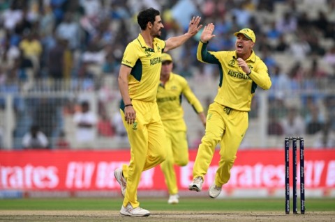 First strike: Australia's Mitchell Starc celebrates after taking the wicket of South Africa captain Temba Bavuma