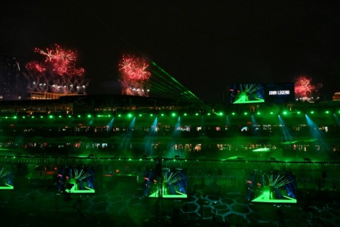 Fireworks erupt for the opening ceremony for the Las Vegas Grand Prix 