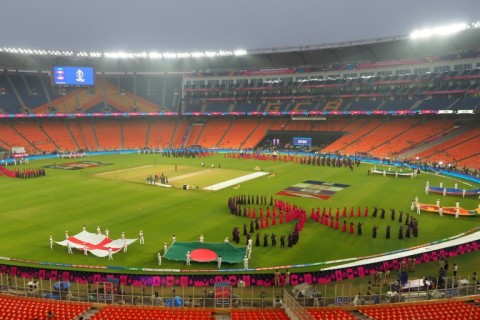 Performers take part in a rehearsal at the Narendra Modi Stadium in Ahmedabad on November 18, 2023, on the eve of the 2023 ICC Men's Cricket World Cup  final