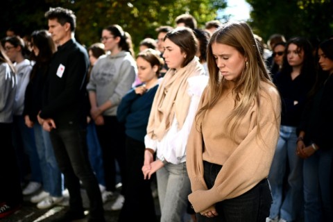 School students pay tribute to murdered teachers Samuel Paty and Dominique Bernard on October 16, 2023