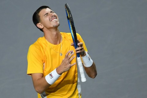 Australia's Alexei Popyrin celebrates beating Finland's Otto Virtanen during the first rubber of the Davis Cup semi-final