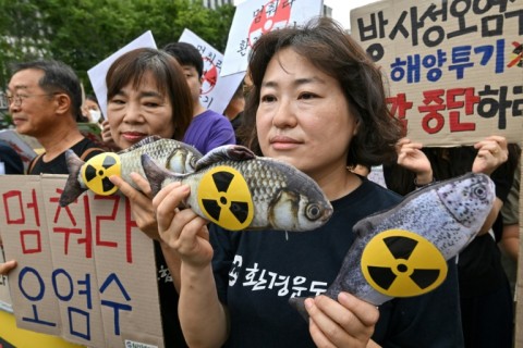 South Korean activists protest at Japan's plan to release wastewater from the stricken Fukushima nuclear plant