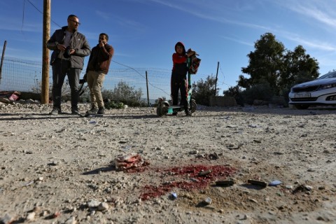 Blood stains remain near the spot where an explosive device killed an Israeli officer during an Israeli raid in Jenin, the occupied West Bank 