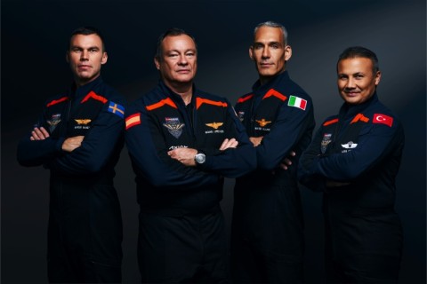 Left to right: Axiom Space's chief astronaut and former NASA astronaut Michael Lopez-Alegria,  Walter Villadei of Italy, European Space Agency project astronaut Marcus Wandt of Sweden and Turkish Astronaut Alper Gezeravci 