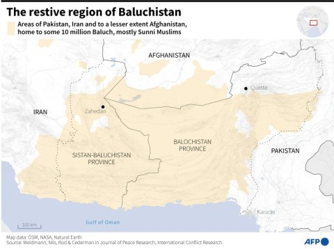 Map of Baluchistan, the border region between Iran, Afghanistan and Pakistan, home to 10 million Baluch, most of them Sunni Muslims
