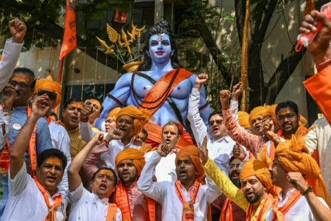 Hindu devotees chant slogans at a religious procession in Hyderabad: for the ruling Bharatiya Janata Party (BJP), the opening of the Ram Mandir temple is a landmark moment