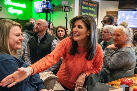 Nikki Haley, pictured greeting voters in Manchester, New Hampshire on January 22, 2024, says she's in it "for the long haul" 