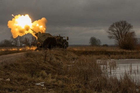 A Swedish-made Archer Howitzer operated by Ukrainian members of the 45th Artillery Brigade fires toward Russian positions in the Donetsk region