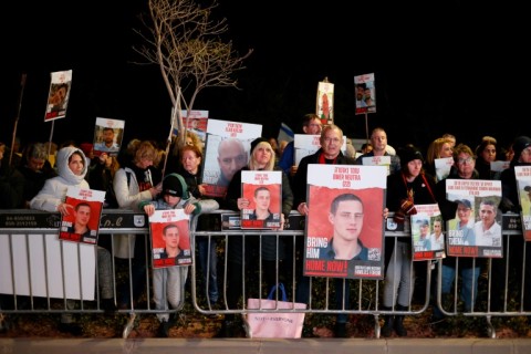 Protesters demanding the return of hostages held in Gaza by Hamas gather near Israeli Prime Minister Benjamin Netanyahu's private residence in Caesarea