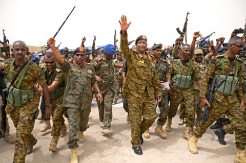 Sudanese army chief Abdel Fattah al-Burhan visits the Flamingo Marine Base in Port Sudan on August 28, 2023