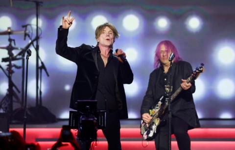 US musicians John Rzeznik (L) and Robert Takac of the Goo Goo Dolls perform during the 2024 MusiCares Person of the Year gala honoring Jon Bon Jovi