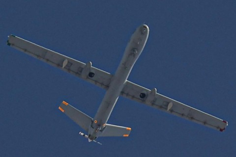 An Israeli unmanned aerial vehicle flies over Rafah in the southern Gaza Strip on February 5, 2024