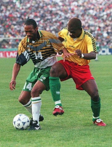 South Africa forward Mark Williams (L) battles for possession during a 1998 World Cup qualifier against Congo Brazzaville.  