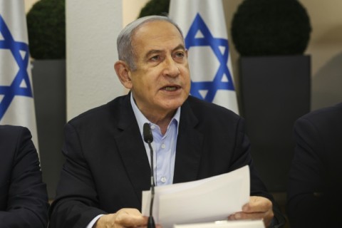 Israeli Prime Minister Benjamin Netanyahu heads the weekly cabinet meeting at the Defence Ministry in Tel Aviv on January 7, 2024