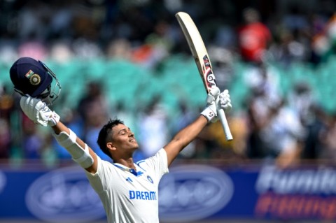 India's Yashasvi Jaiswal celebrates after scoring his second double century of the series against England