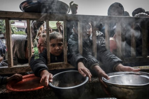 Displaced Palestinian children gather to receive food at a government school in Rafah